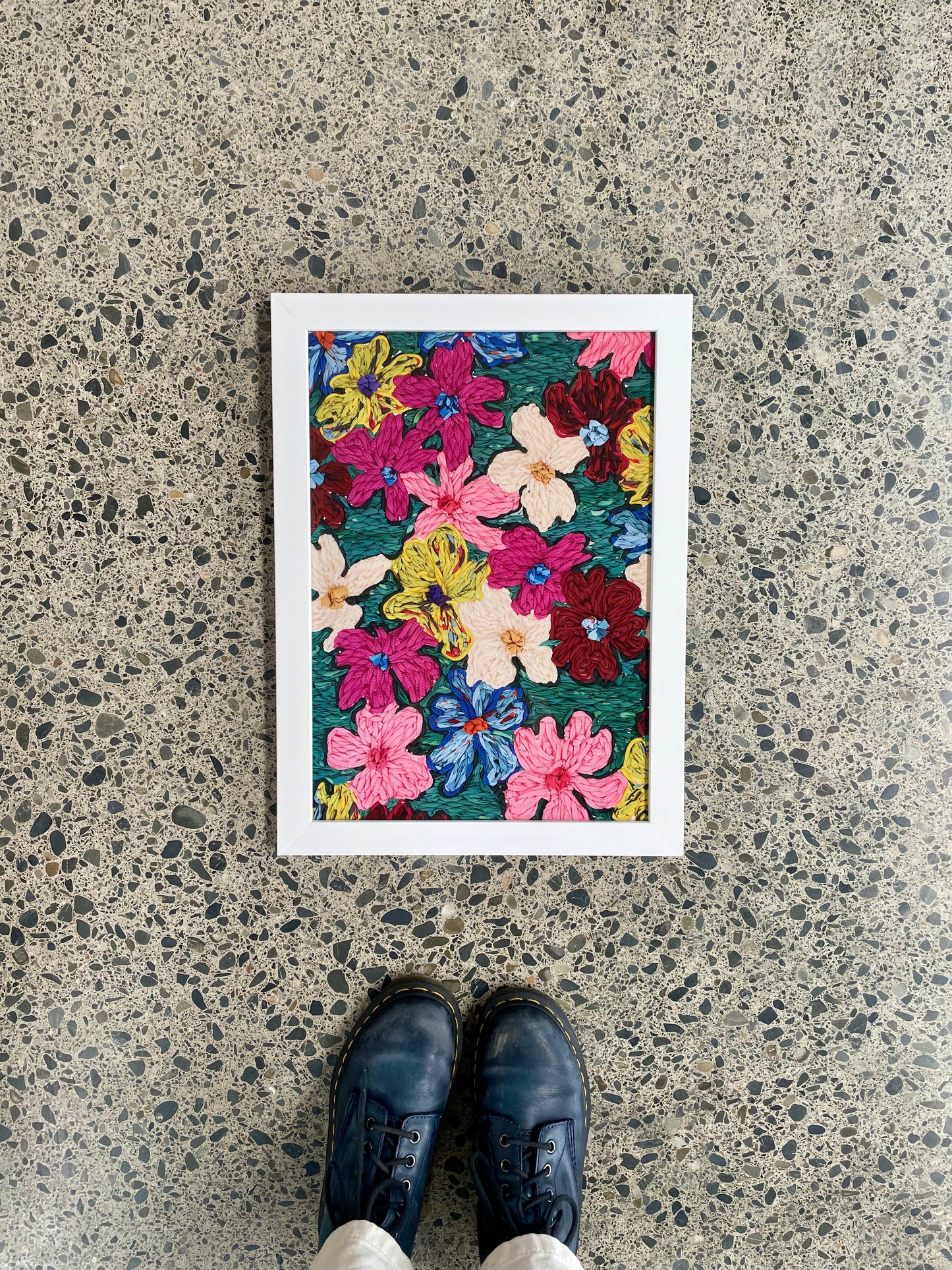 Vibrant floral embroidered artwork, bursting with colour and texture. Joyful artwork for my home.