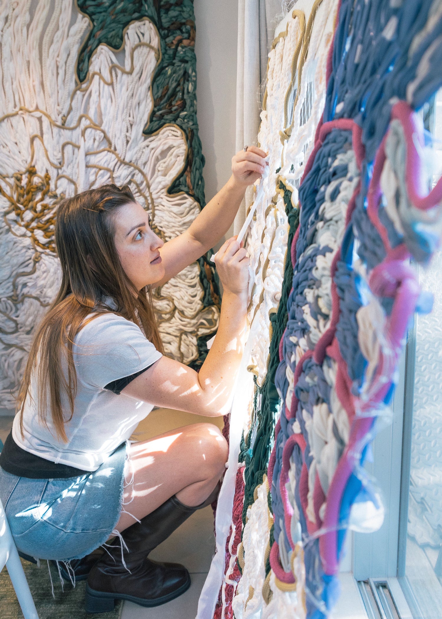 Giant floral embroidery tapestry featuring pink and cream peonies