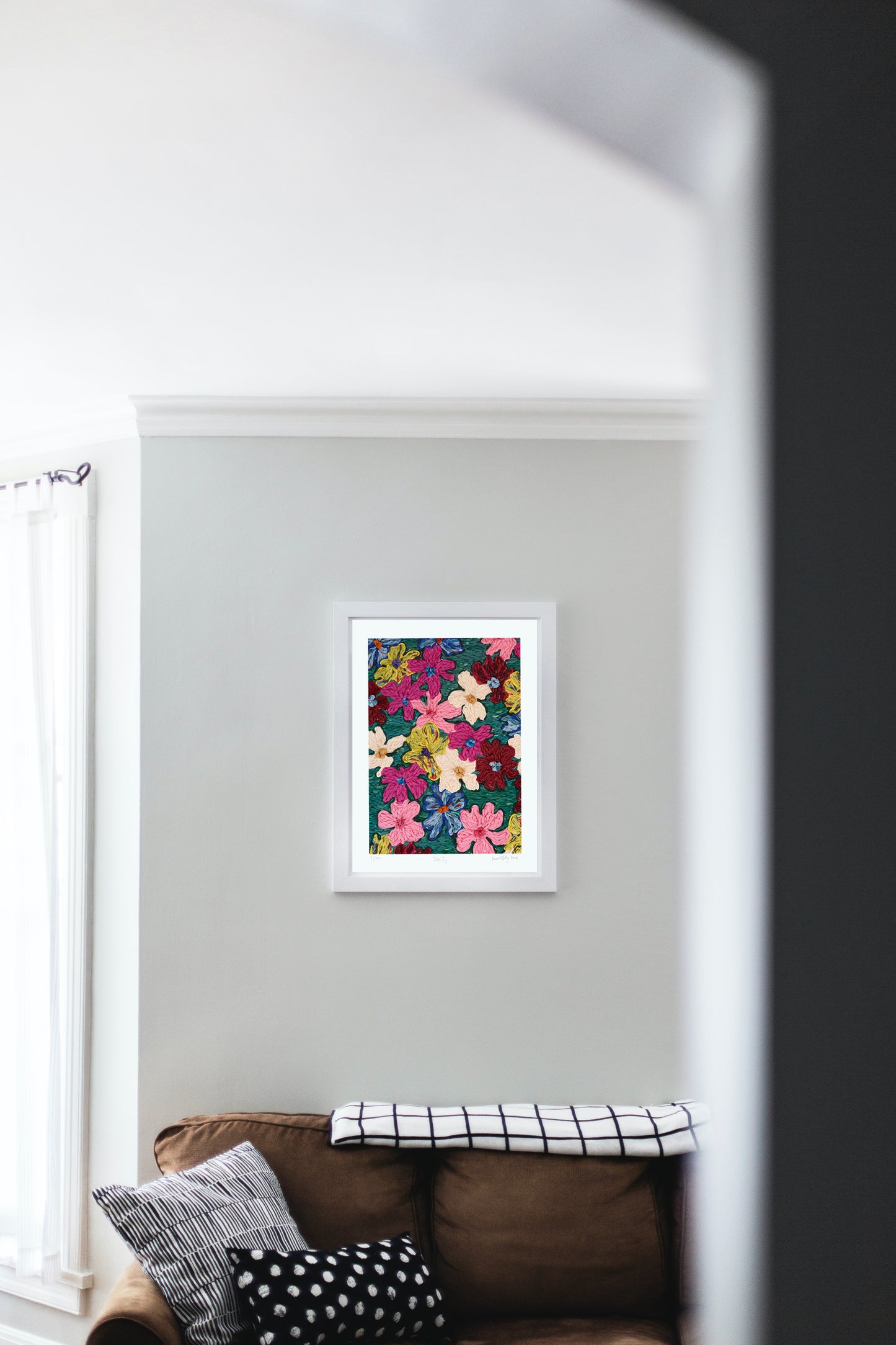Vibrant floral embroidered artwork, bursting with colour and texture. Joyful artwork for my home.