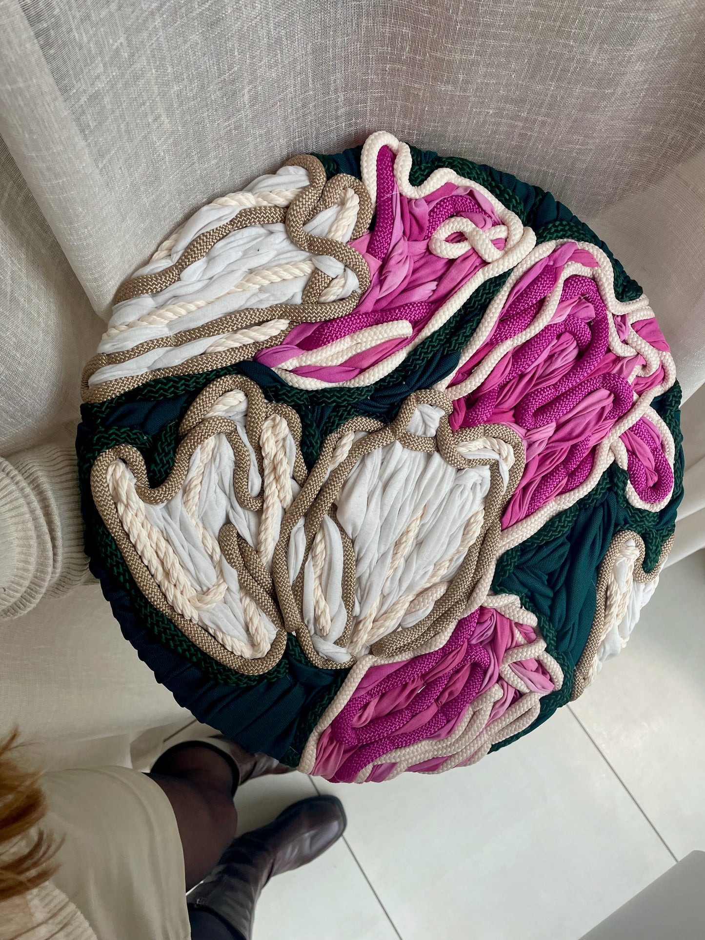 Artist Frankie Meaden creates contemporary floral fibre artworks that push the boundaries of traditional embroidery with scale and by using recycled materials.