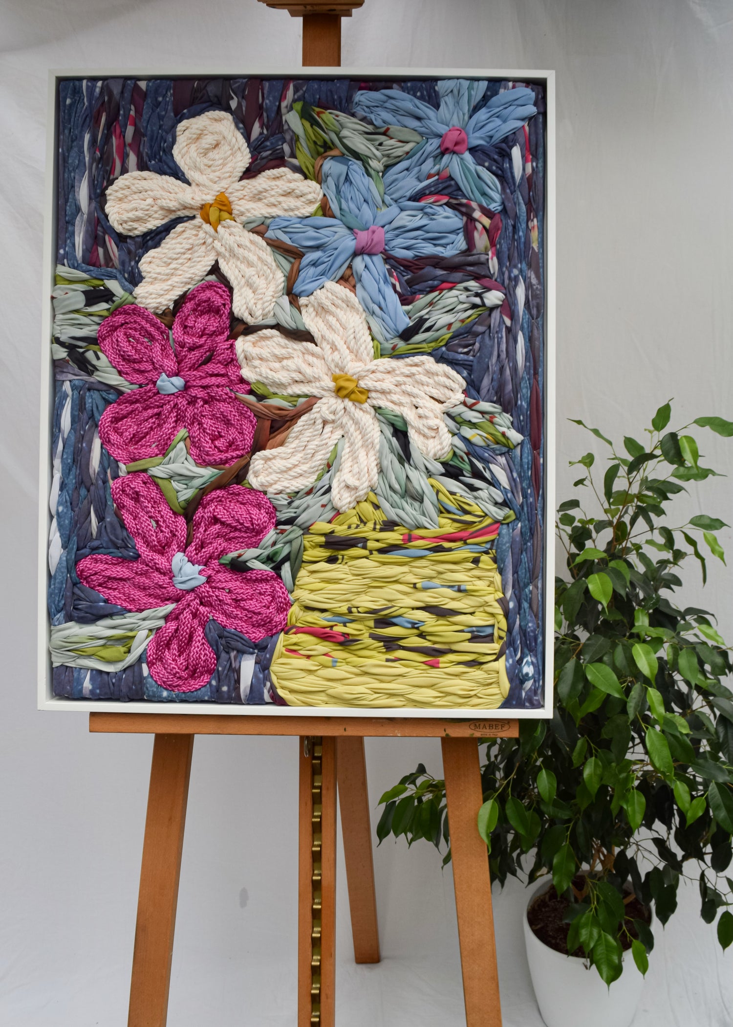 Embroidered floral still life with flowers in a vase, textile wall hanging by Frankie Meaden