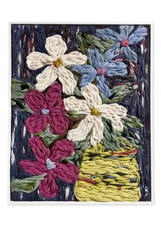 Thoughtful framed floral artwork giant embroidered textile artwork by NZ artist Frankie Meaden
