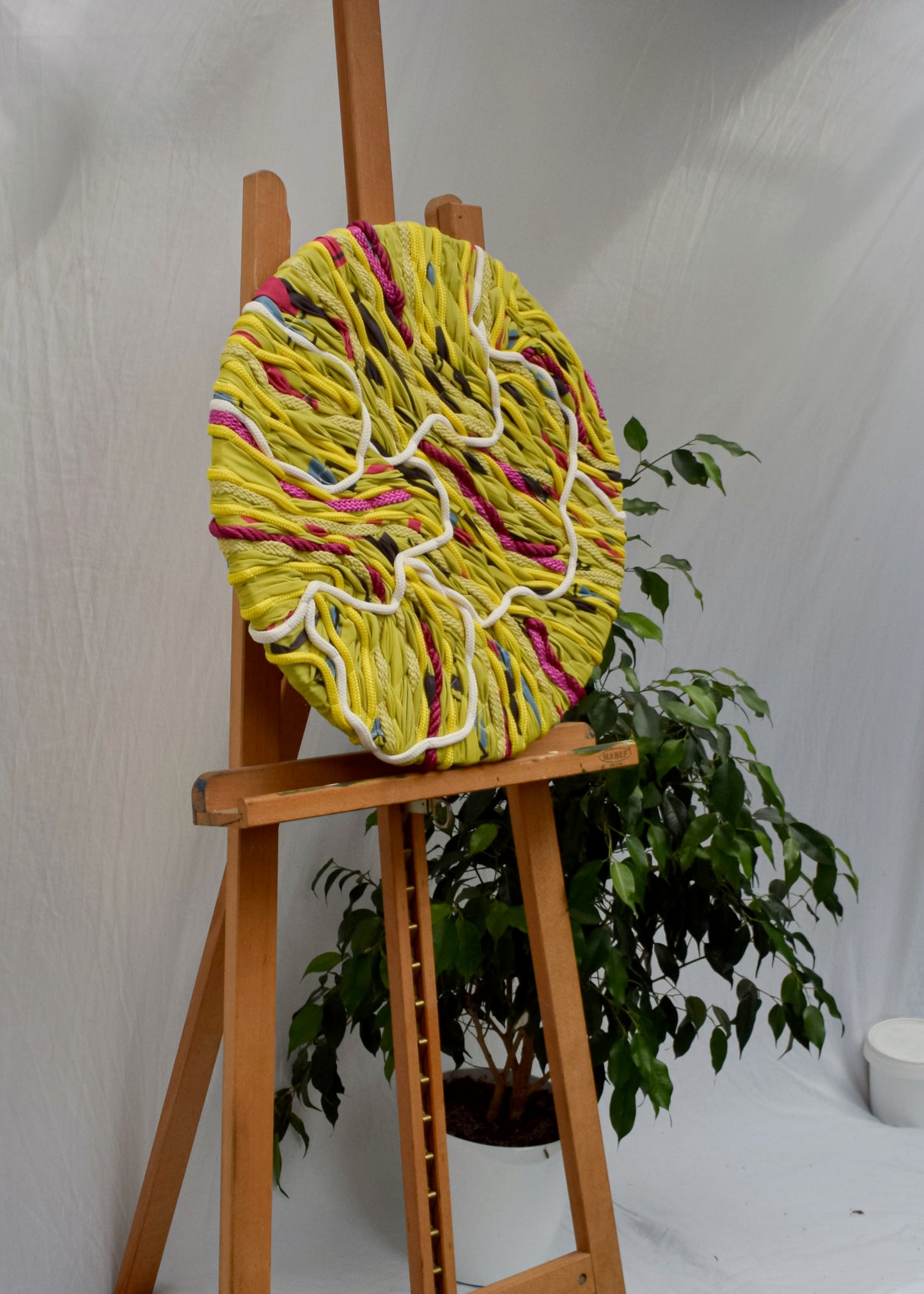 Large abstract floral embroidery tapestry in vibrant yellow tones