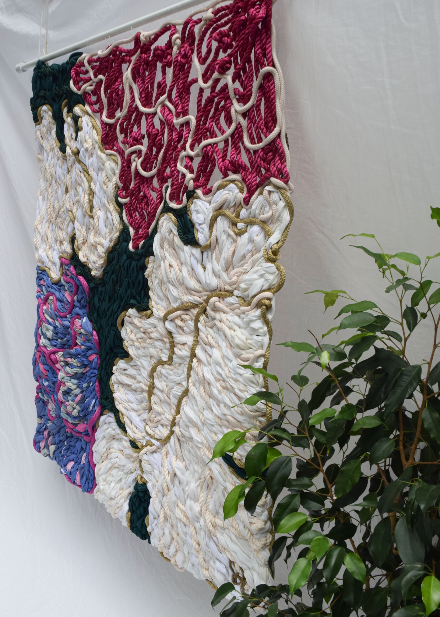 Large embroidered peony wall hanging in pink and cream, handmade textile artwork