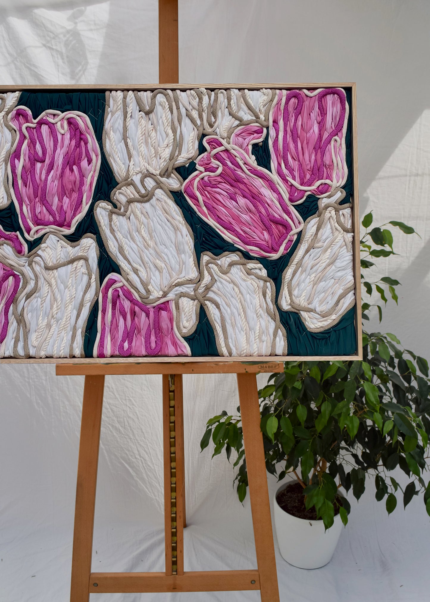 Giant hand embroidered pink and cream tulips tapestry, professionally framed