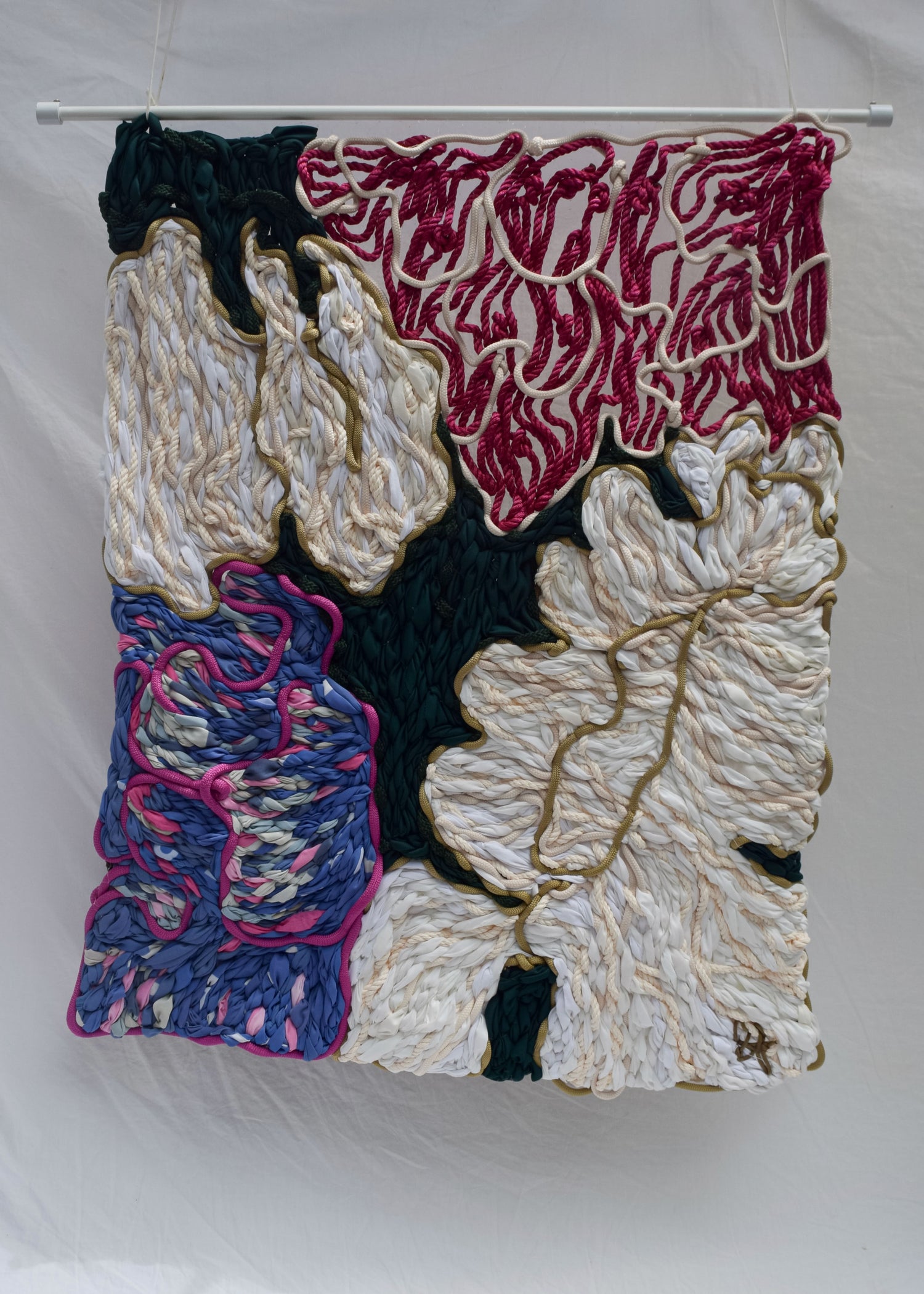 Hand embroidered pink and cream peonies giant tapestry, floral textile wall art