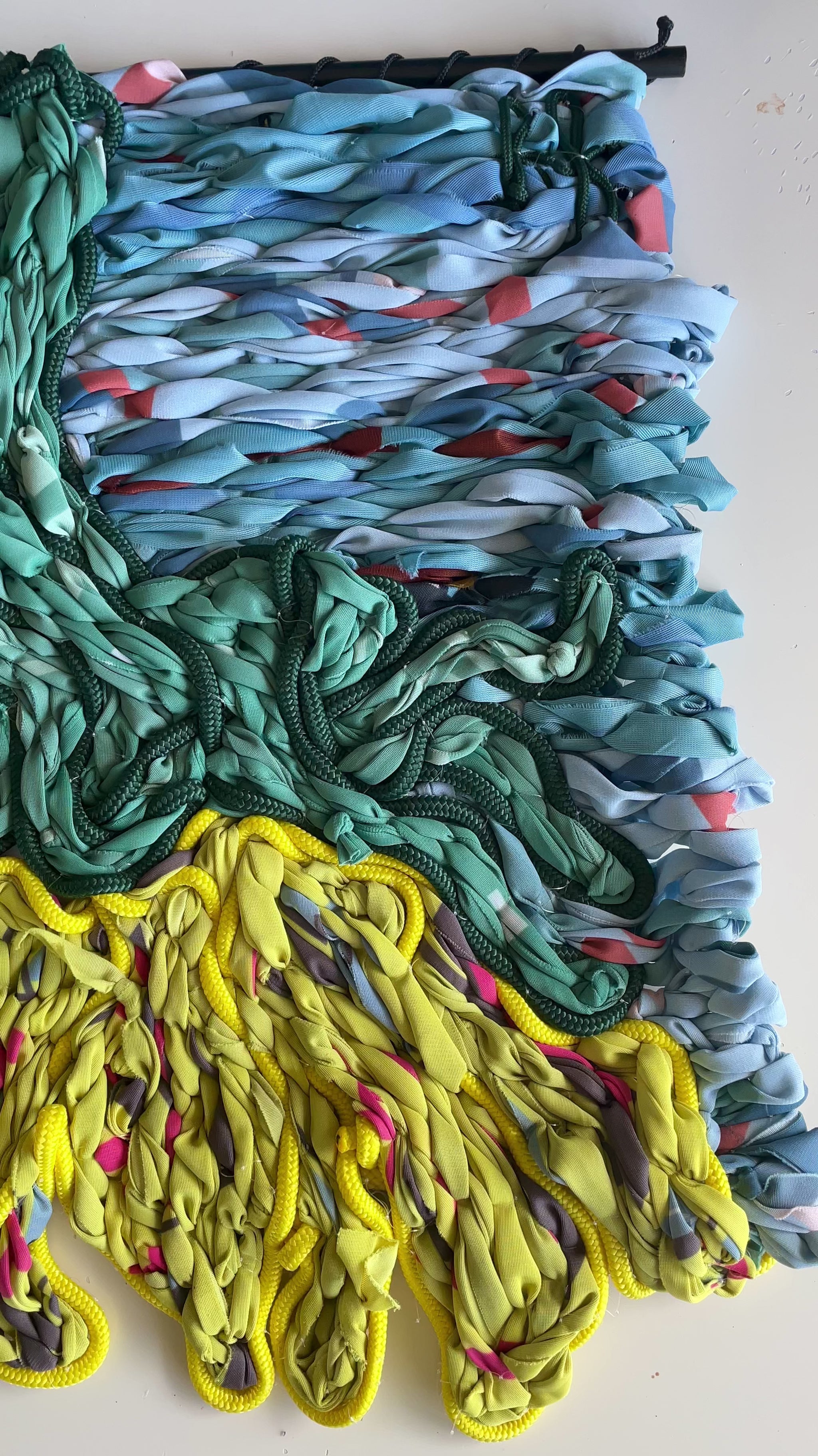 Sunflower in rope. This joyful, tactile artwork has been handmade here in Auckland from recycled materials.