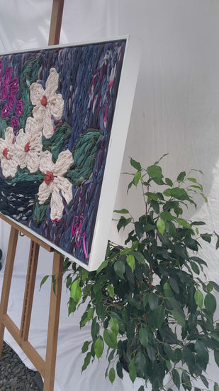 Blissful floral vase embroidery wall hanging tapestry by fibre artist Frankie Meaden