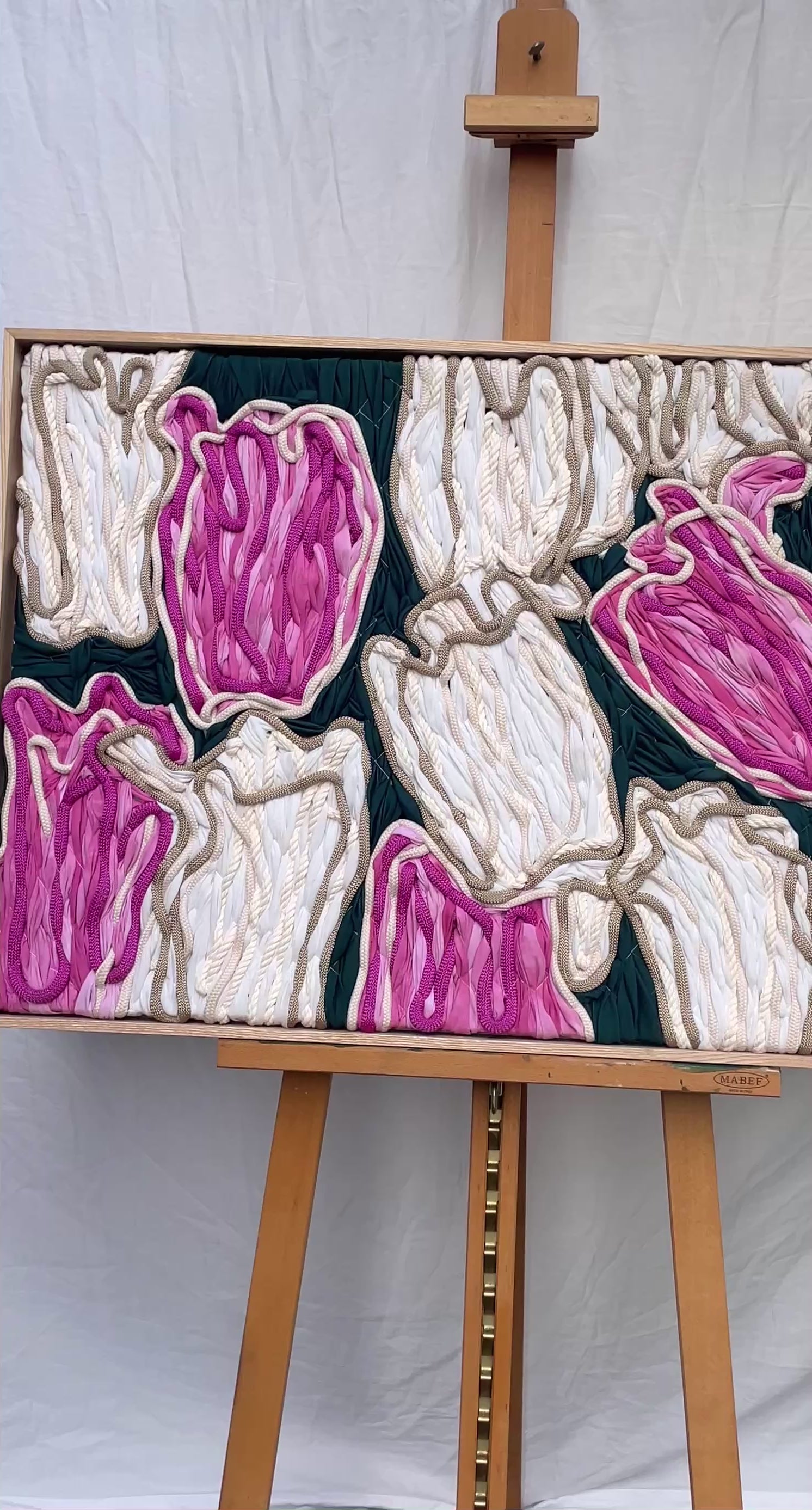 Textured peony embroidery artwork framed in oak, floral wall art