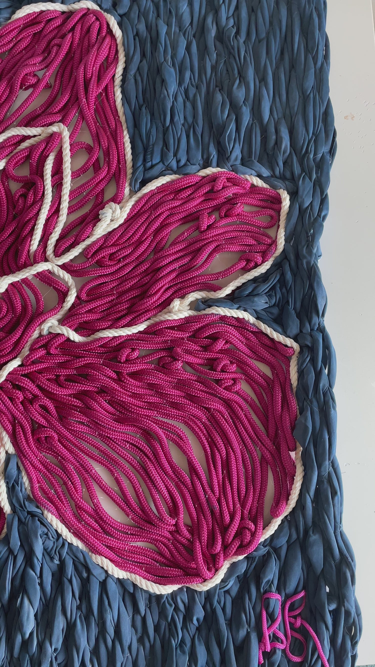 Magnolia in rope. This joyful, textural fibre artwork has been handmade here in Auckland from recycled materials.